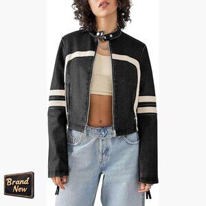 Faux Leather Cropped Moto Jacket with Zip Up and Stand Collar